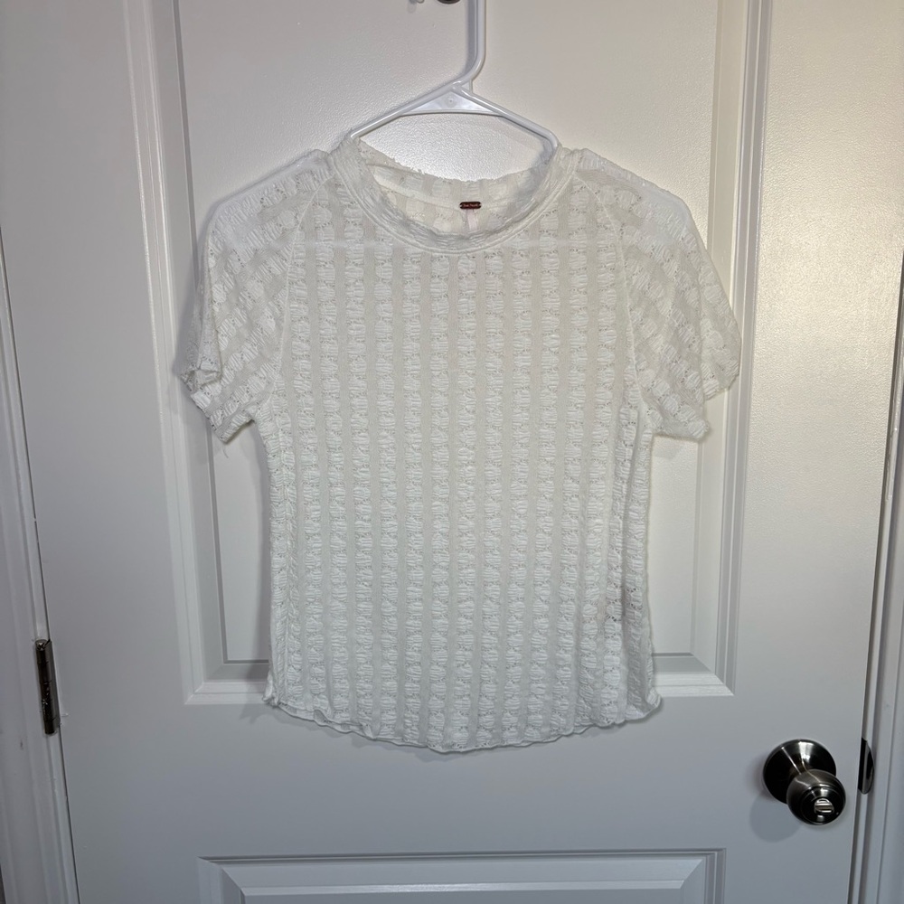 Free People White Textured Lace Short Sleeve Top